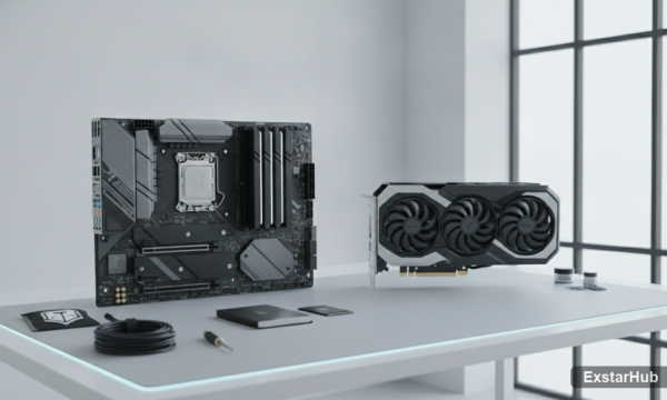 PC components arranged for a custom build, showcasing the latest technology.