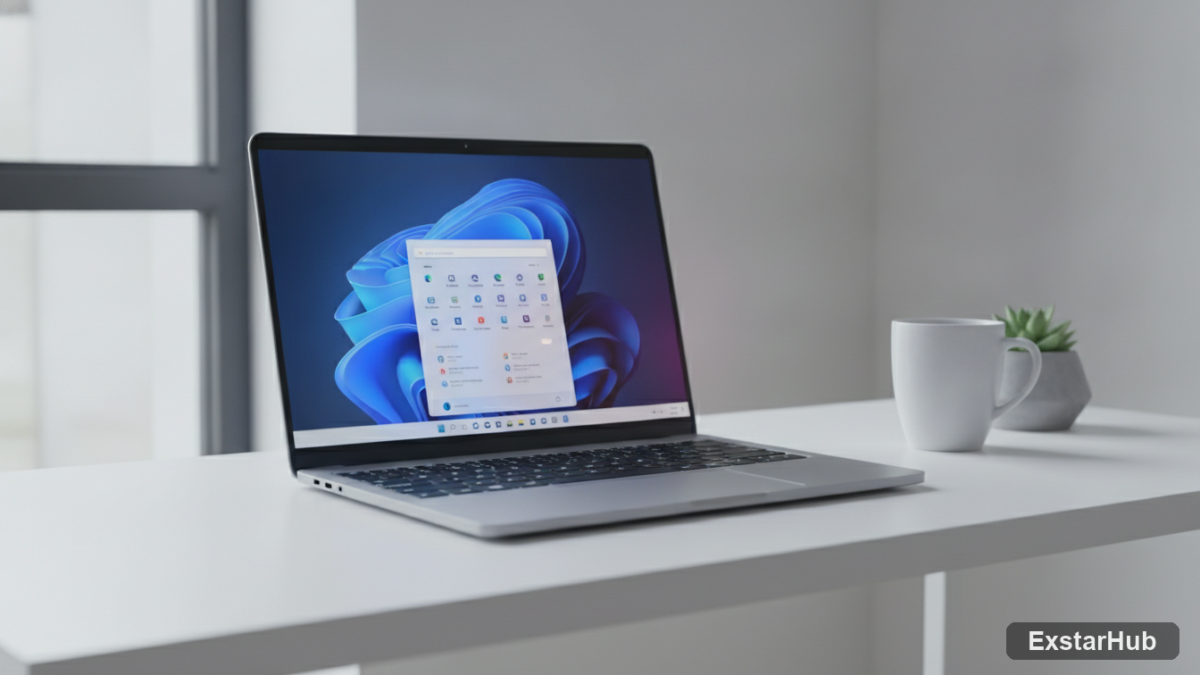 Windows 11 laptop in a clean workspace, showcasing enhanced PC performance.