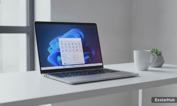 Windows 11 laptop in a clean workspace, showcasing enhanced PC performance.
