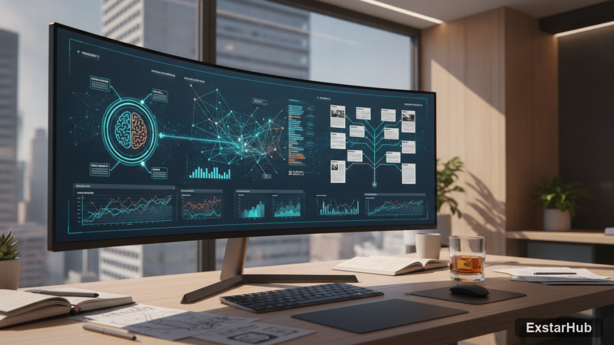 Workspace with data visualizations of AI and news publishing, symbolizing innovation in media.