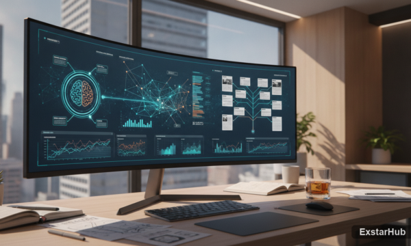 Workspace with data visualizations of AI and news publishing, symbolizing innovation in media.