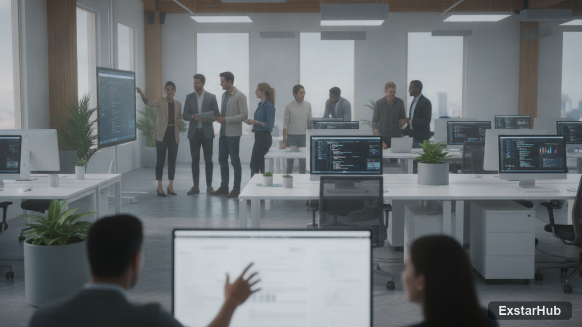 Diverse professionals collaborating on AI projects in a modern workspace, reflecting the Anthropic Claude Corps fellowship.