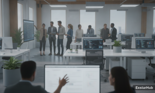 Diverse professionals collaborating on AI projects in a modern workspace, reflecting the Anthropic Claude Corps fellowship.