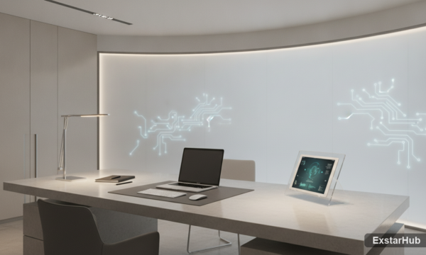 Modern tech workspace symbolizing Intel's bofa rating upgrade and advancement in chip manufacturing.