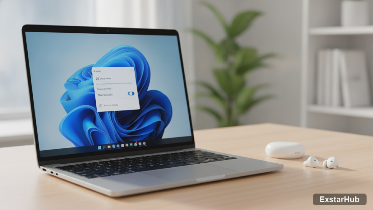 Windows 11 shared audio feature settings on a laptop with wireless earbuds.
