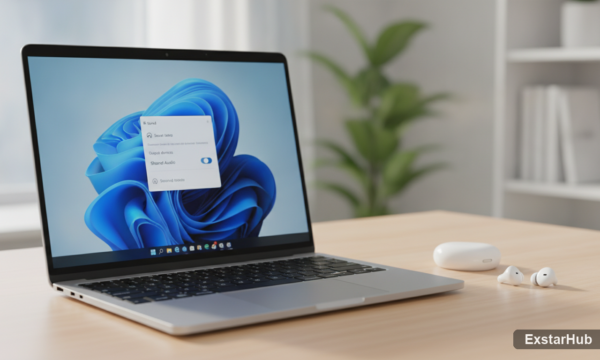 Windows 11 shared audio feature settings on a laptop with wireless earbuds.