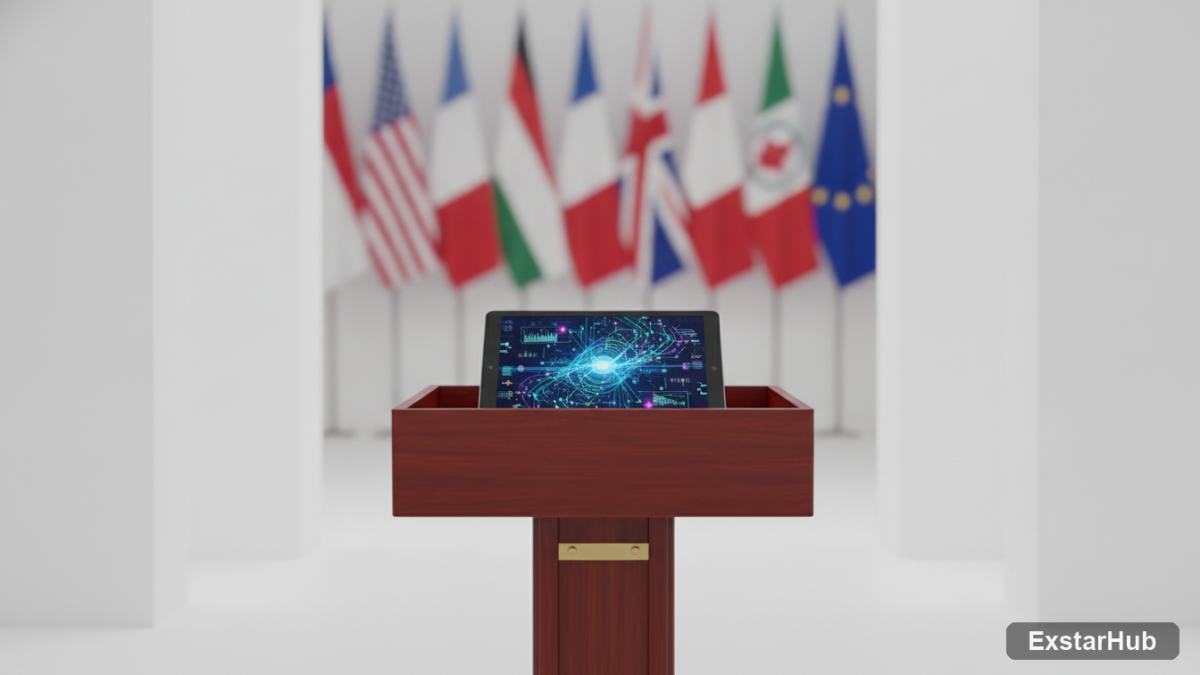 Press briefing podium symbolizing discussions about ai political infiltration.
