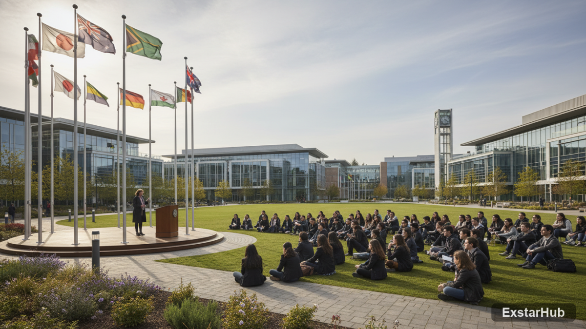 University campus scene depicting students and a speaker during graduation related to AI backlash gen z.