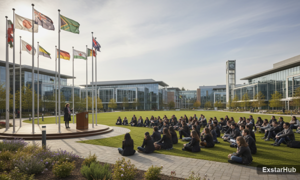 University campus scene depicting students and a speaker during graduation related to AI backlash gen z.