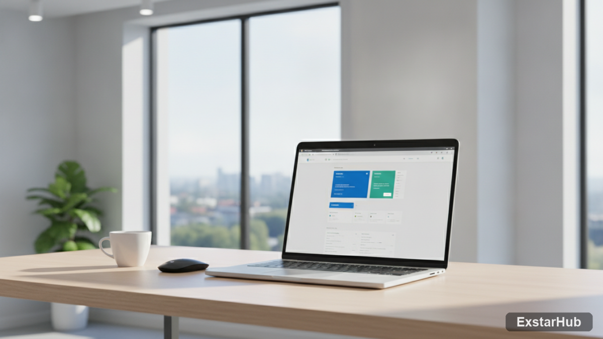 Microsoft Edge release cycle - laptop displaying a clean web page design in a modern workspace.