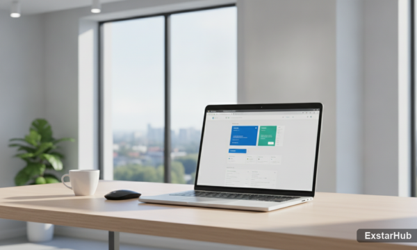 Microsoft Edge release cycle - laptop displaying a clean web page design in a modern workspace.