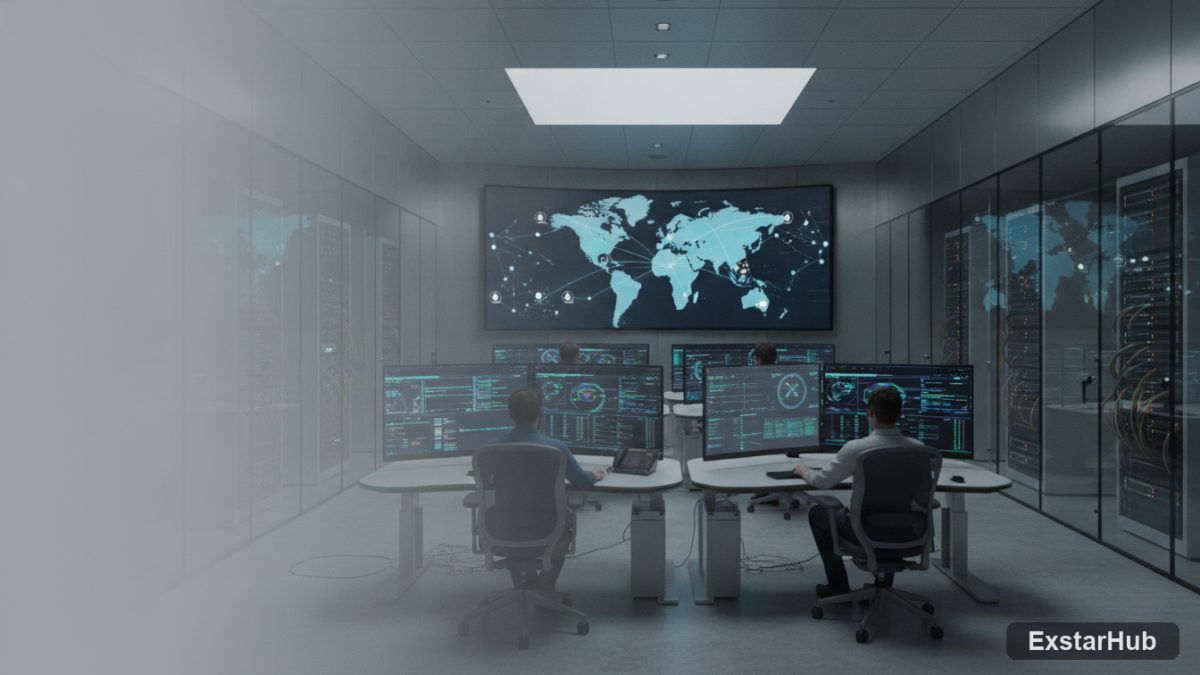 Data center control room with satellite communication equipment for SpaceX OpenAI AI collaboration.