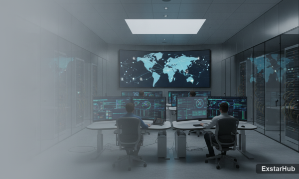 Data center control room with satellite communication equipment for SpaceX OpenAI AI collaboration.