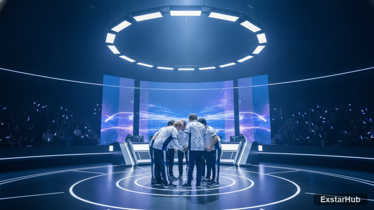 Hanwha Life Esports team celebrating their MSI qualification in a modern esports arena.