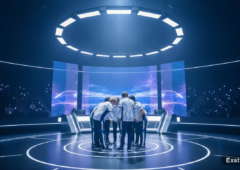 Hanwha Life Esports team celebrating their MSI qualification in a modern esports arena.