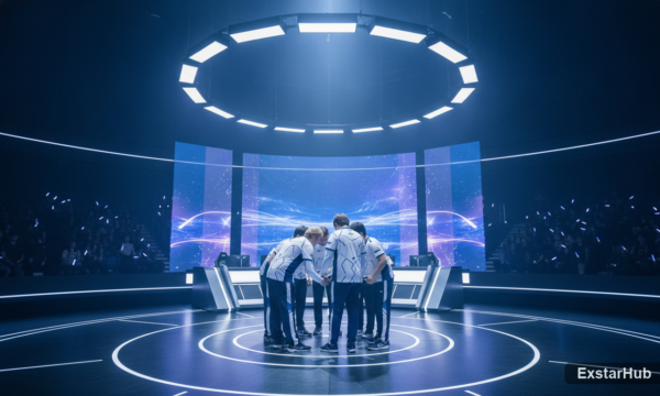 Hanwha Life Esports team celebrating their MSI qualification in a modern esports arena.