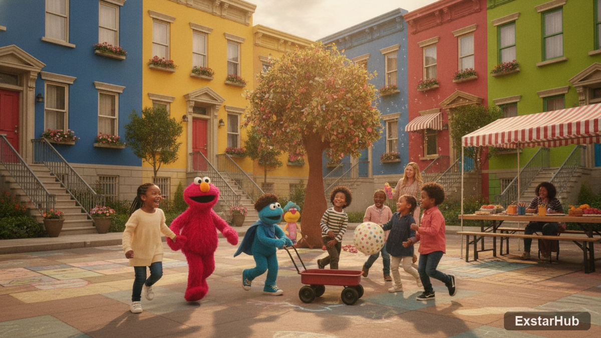 Children playing games in a Sesame Street neighborhood
