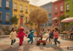 Children playing games in a Sesame Street neighborhood