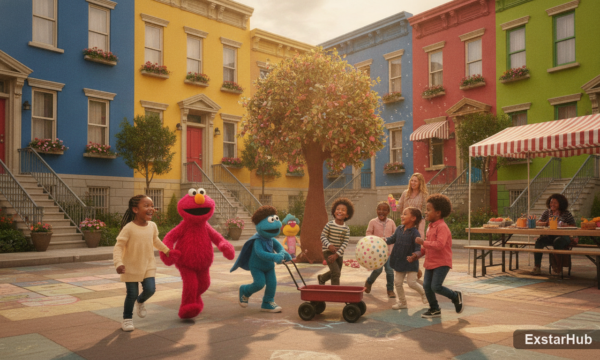 Children playing games in a Sesame Street neighborhood