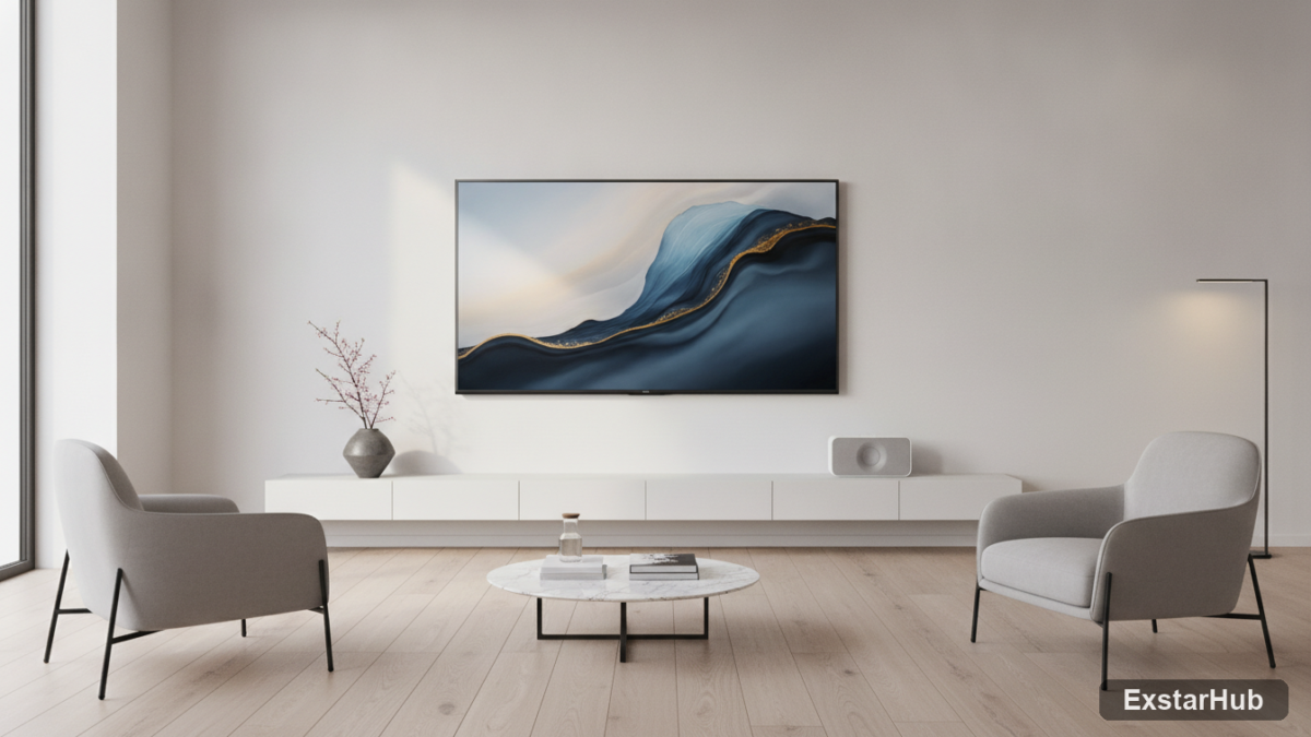 Samsung S99H OLED TV in a modern living room showcasing its unique design