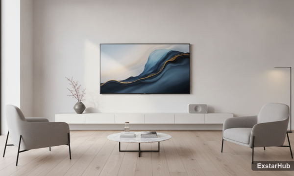 Samsung S99H OLED TV in a modern living room showcasing its unique design
