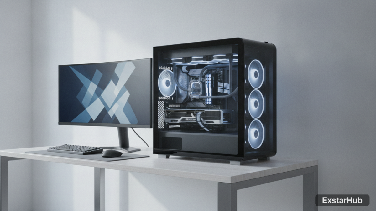 New PC case hardware at Computex showcasing modern design and internal components.