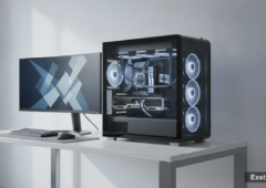 New PC case hardware at Computex showcasing modern design and internal components.