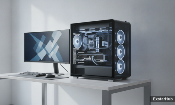 New PC case hardware at Computex showcasing modern design and internal components.