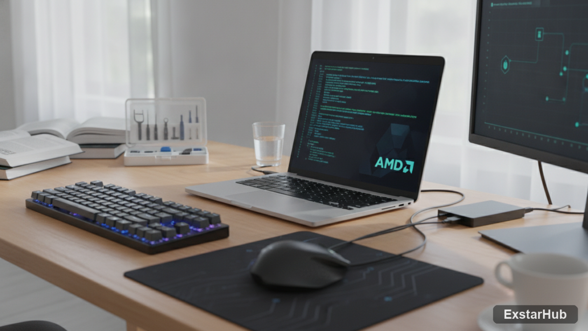 AMD software security vulnerability discovery workspace with laptop