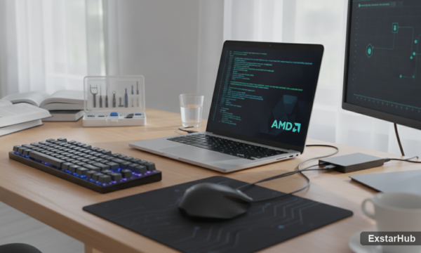 AMD software security vulnerability discovery workspace with laptop