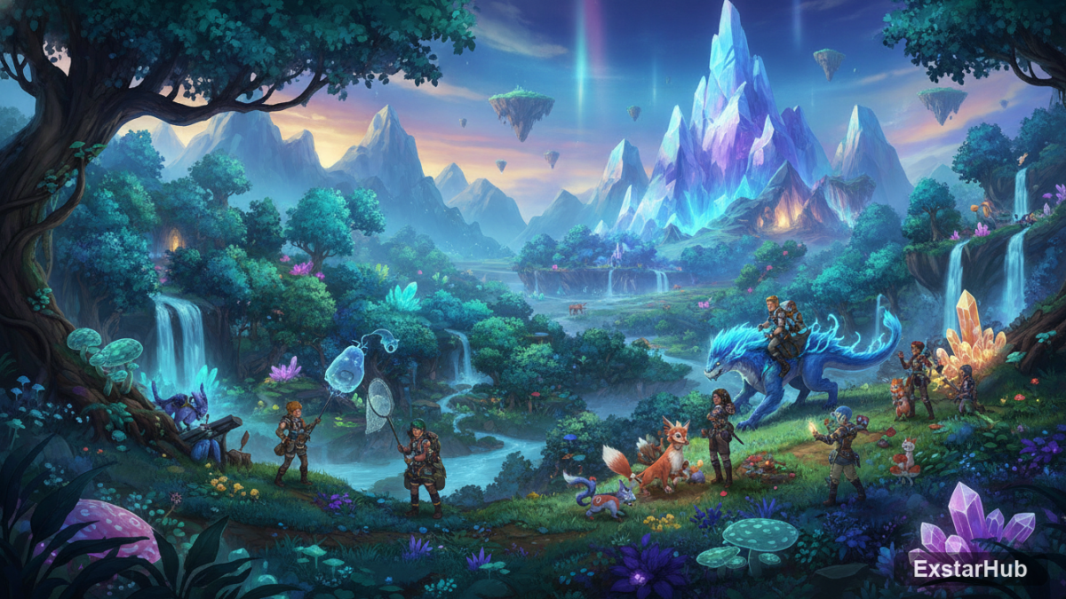 Palworld landscape with players and creatures - new region expansion