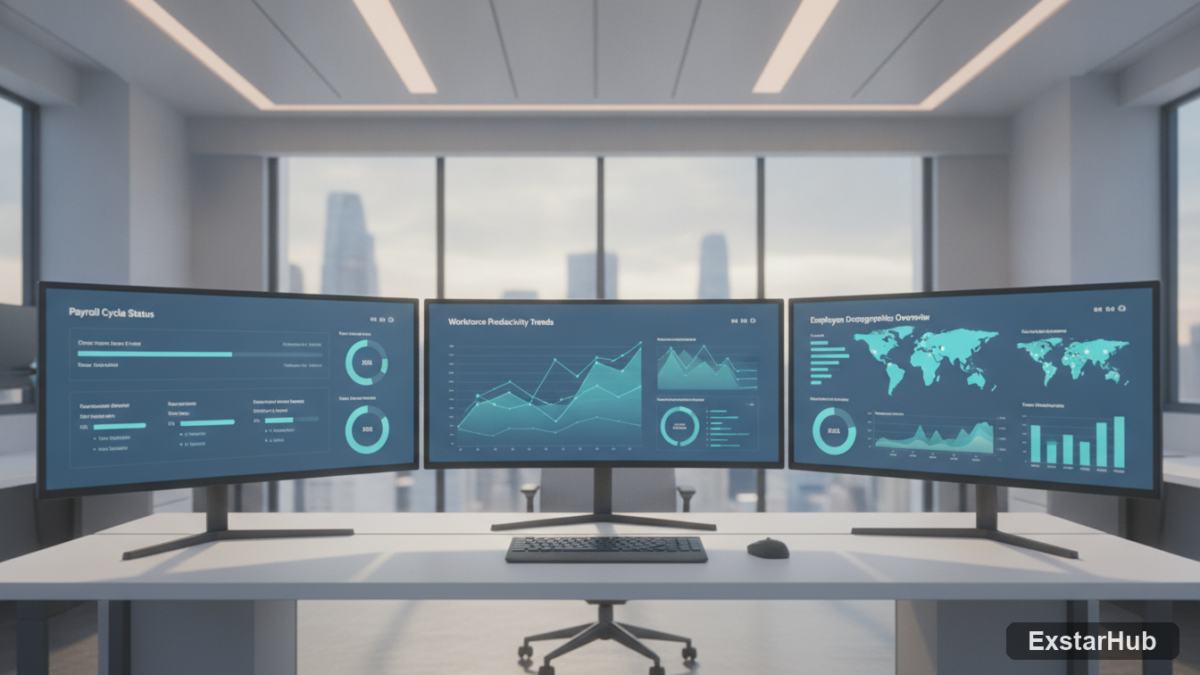 Paycor tutorial: Office workspace displaying HR and payroll data visualizations.