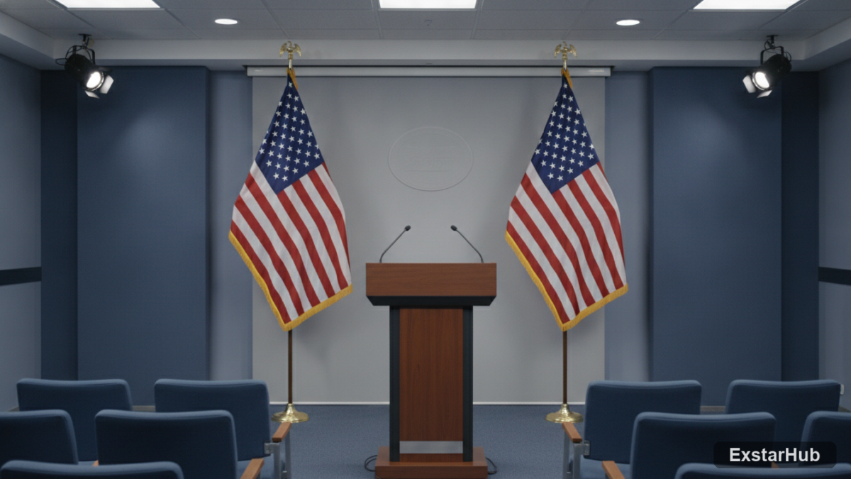 US government press briefing podium symbolizing the Claude Fable 5 suspension.