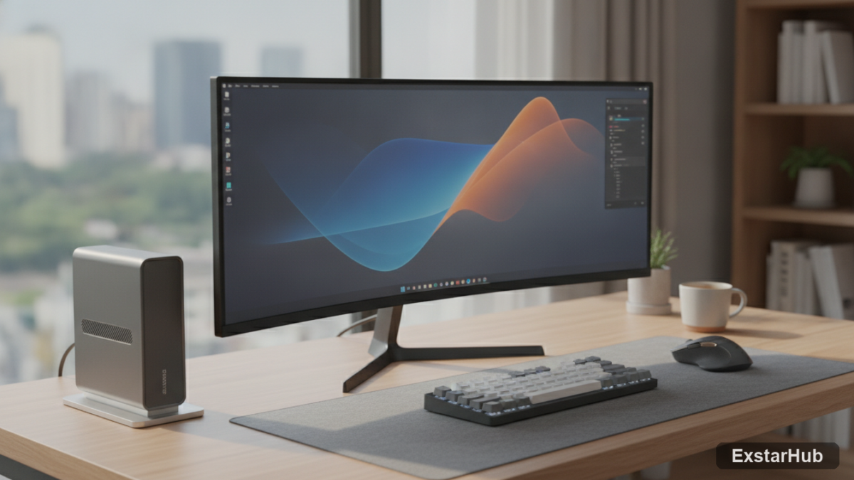 PELADN HO5 AI 470 mini PC on a modern workspace desk