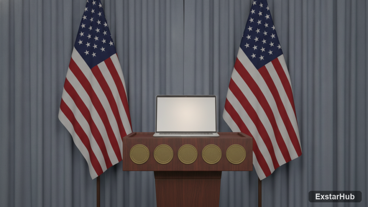 Government press briefing podium with laptop symbolizing AI export controls