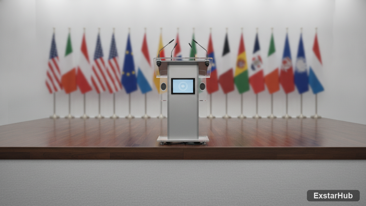 Press briefing podium symbolizing the intersection of technology and governance.