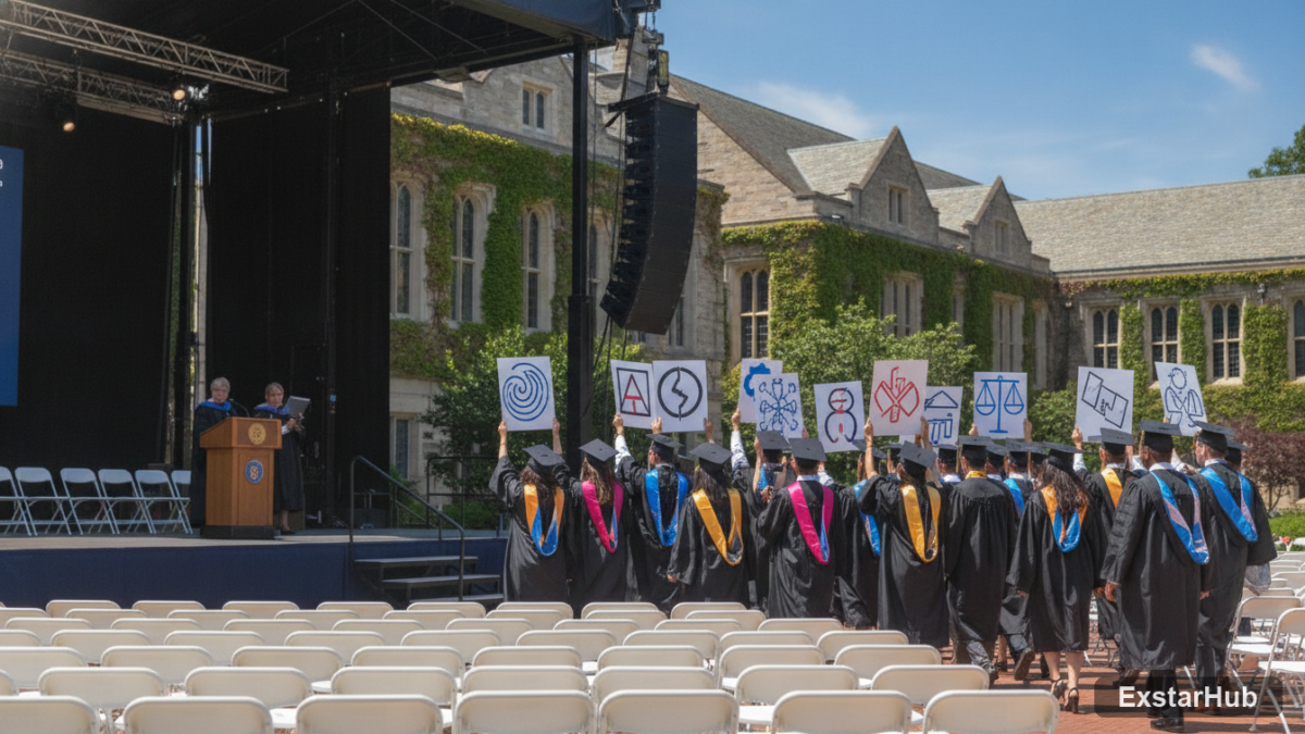 Stanford University graduation ceremony with students protesting Google's work.