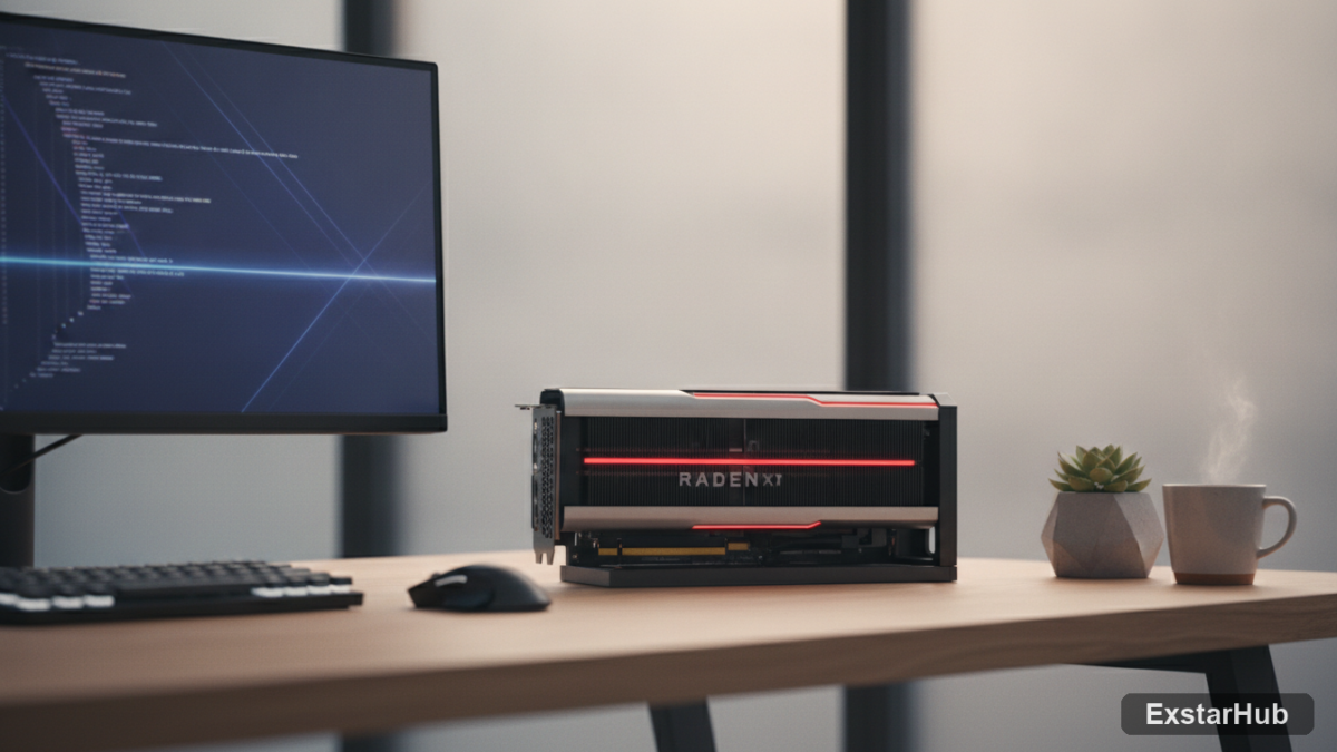 Radeon RX 9070 XT graphics card on a desk in a modern workspace.