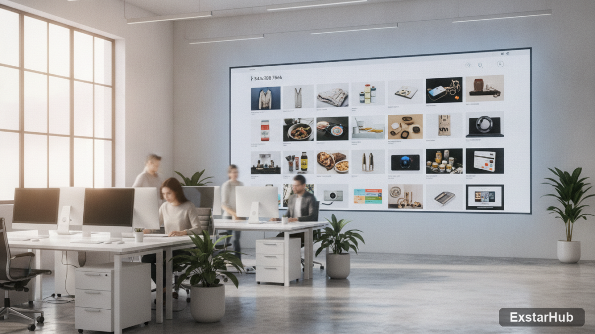 Pinterest AI tools interface and product images displayed in a modern office space.