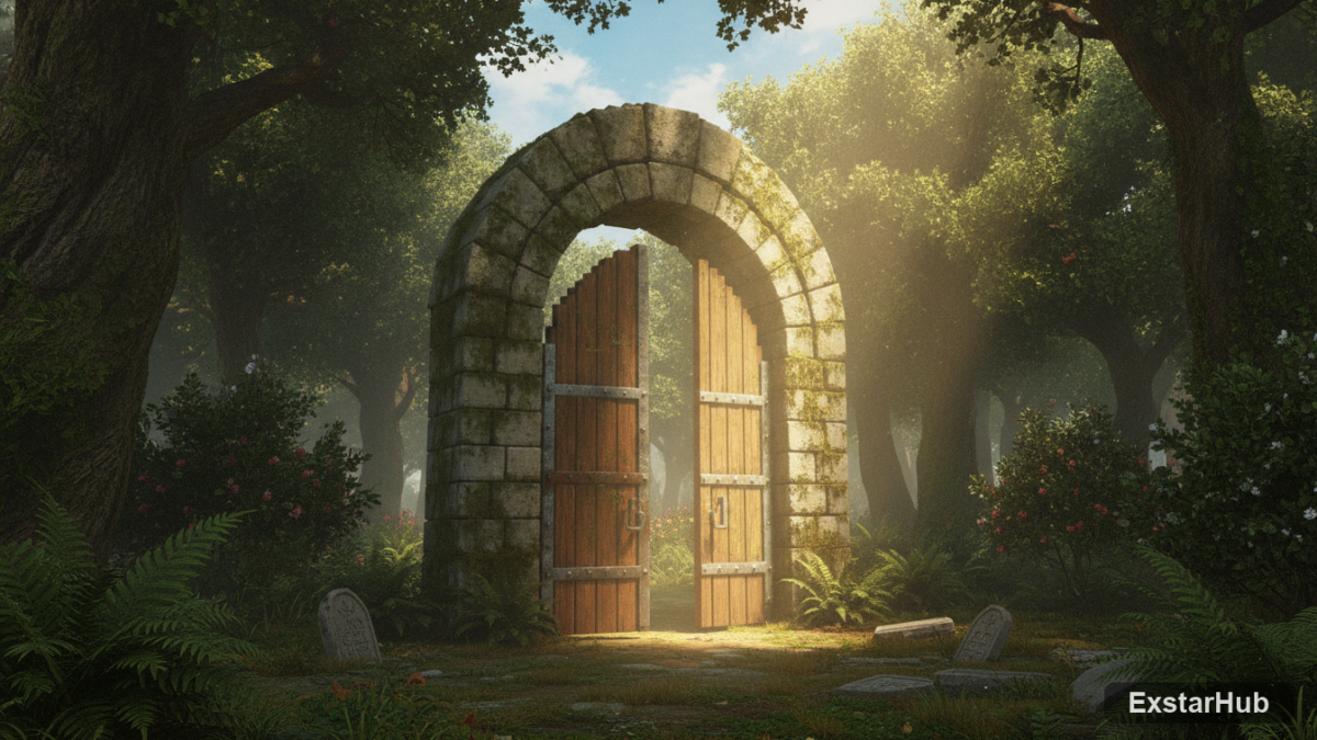 Ancient stone doorway in a forest clearing representing The Adventures of Elliot Millennium Tales.