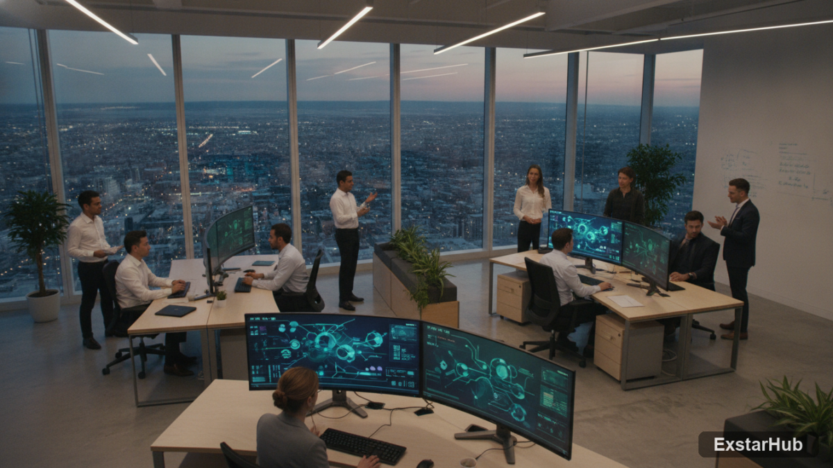 AI researchers collaborating in a bright office space, symbolizing innovation and teamwork