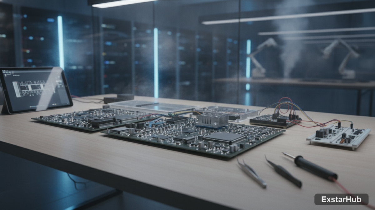 Modern workspace featuring a circuit board representing Intel and Apple's potential chip manufacturing partnership.