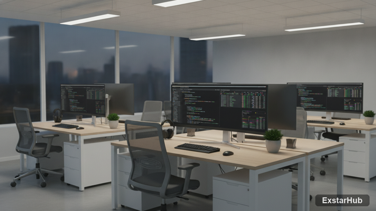 IT workspace with code and spreadsheet data representing Windows 11 office integration issues.