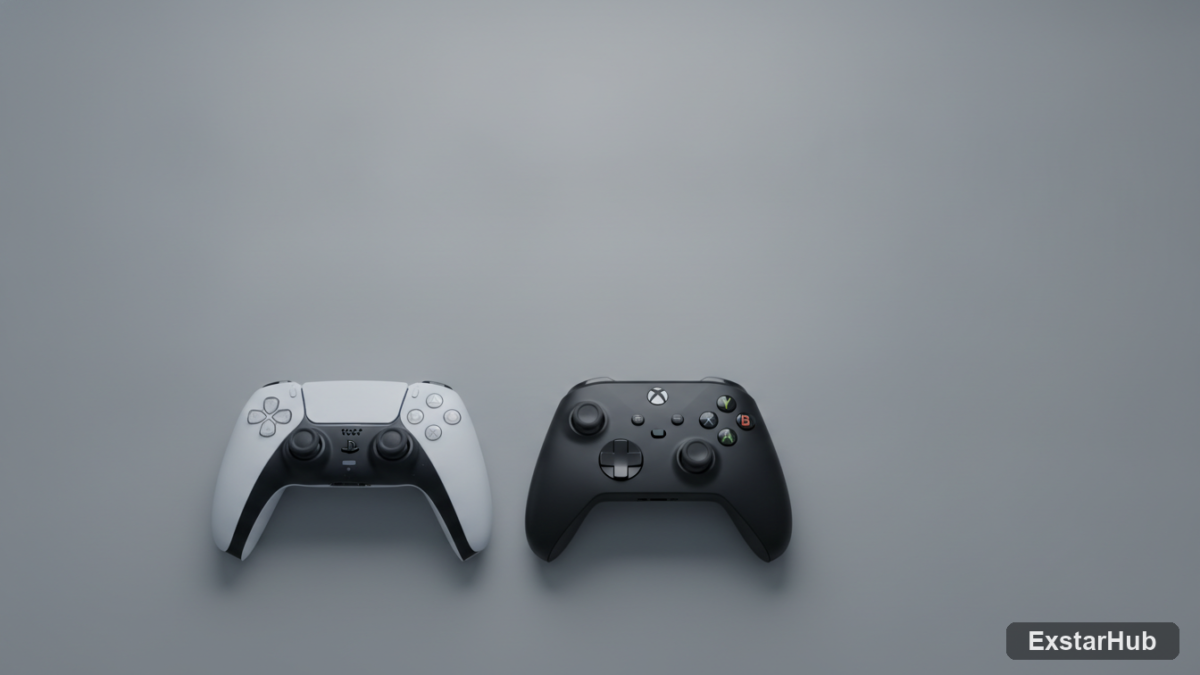 PlayStation and Xbox controllers on a grey surface representing Halo cross-platform availability