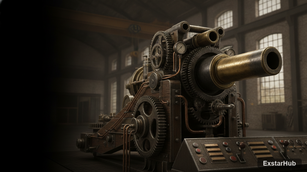 Antique artillery cannon in a dimly lit industrial setting representing the Iron Nest simulator.