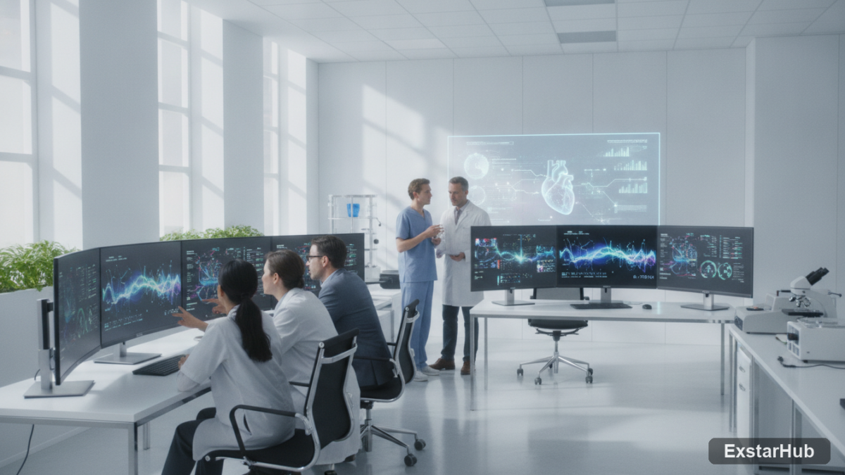 Healthcare researchers collaborating on AI-driven data analysis