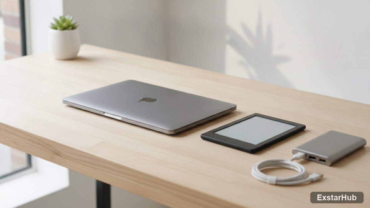 Prime Day tech deals: MacBook Air, Kindle Paperwhite, and power bank on a desk.
