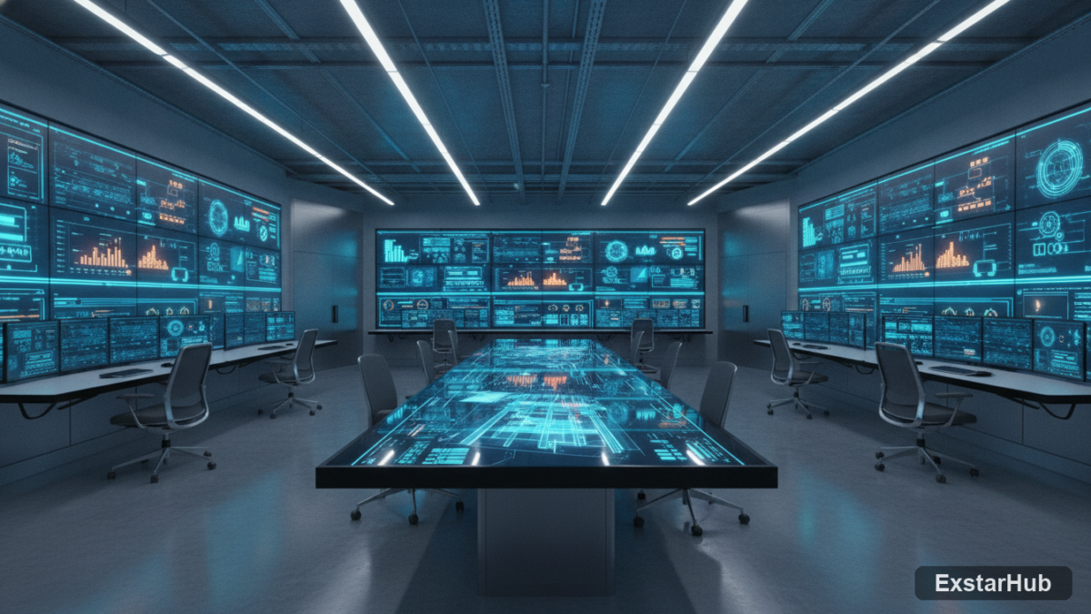 Modern industrial control room displaying advanced data visualizations.