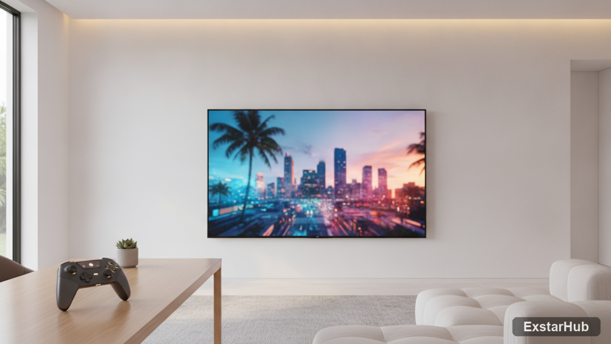 A modern gaming setup with a controller on a desk and a vibrant tropical city displayed on an OLED screen for GTA 6 pre-orders.