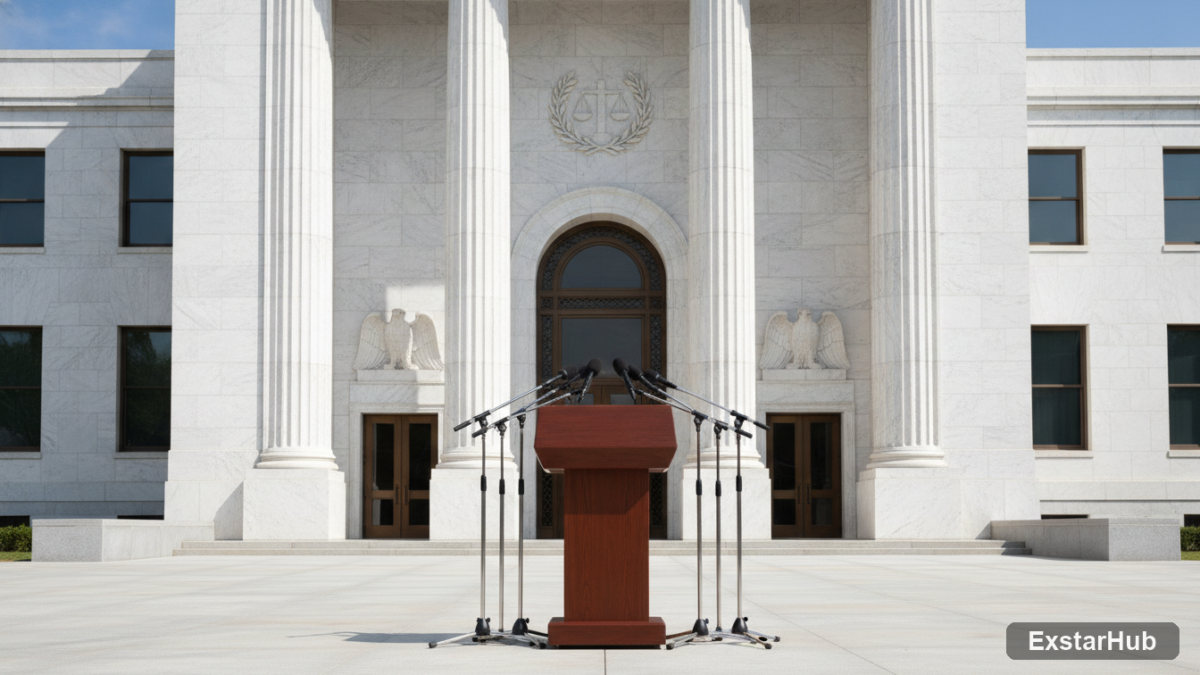 A formal government building and podium representing the Supreme Court ruling on geofence warrants.